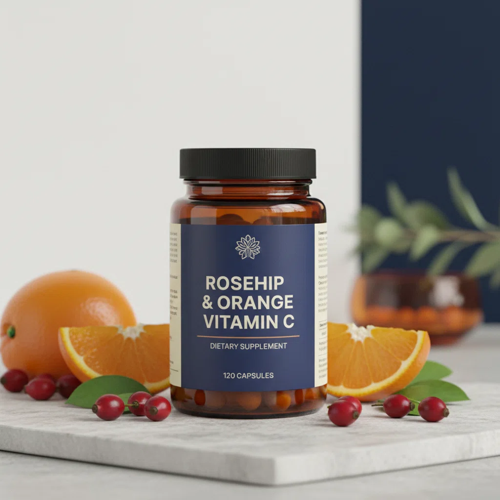 Nerova Restore supplement bottles and fresh ingredients on a white surface