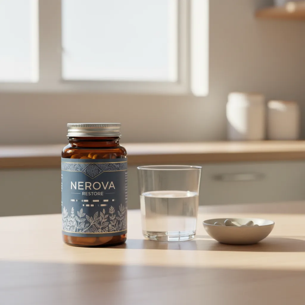 Nerova Restore amber glass jar on a bright kitchen table beside a glass of water and almonds